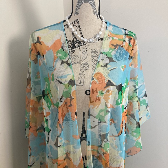 Women’s Skyblue Orange Green Floral Duster Sheer Chiffon Coverup Tassles - Picture 2 of 6
